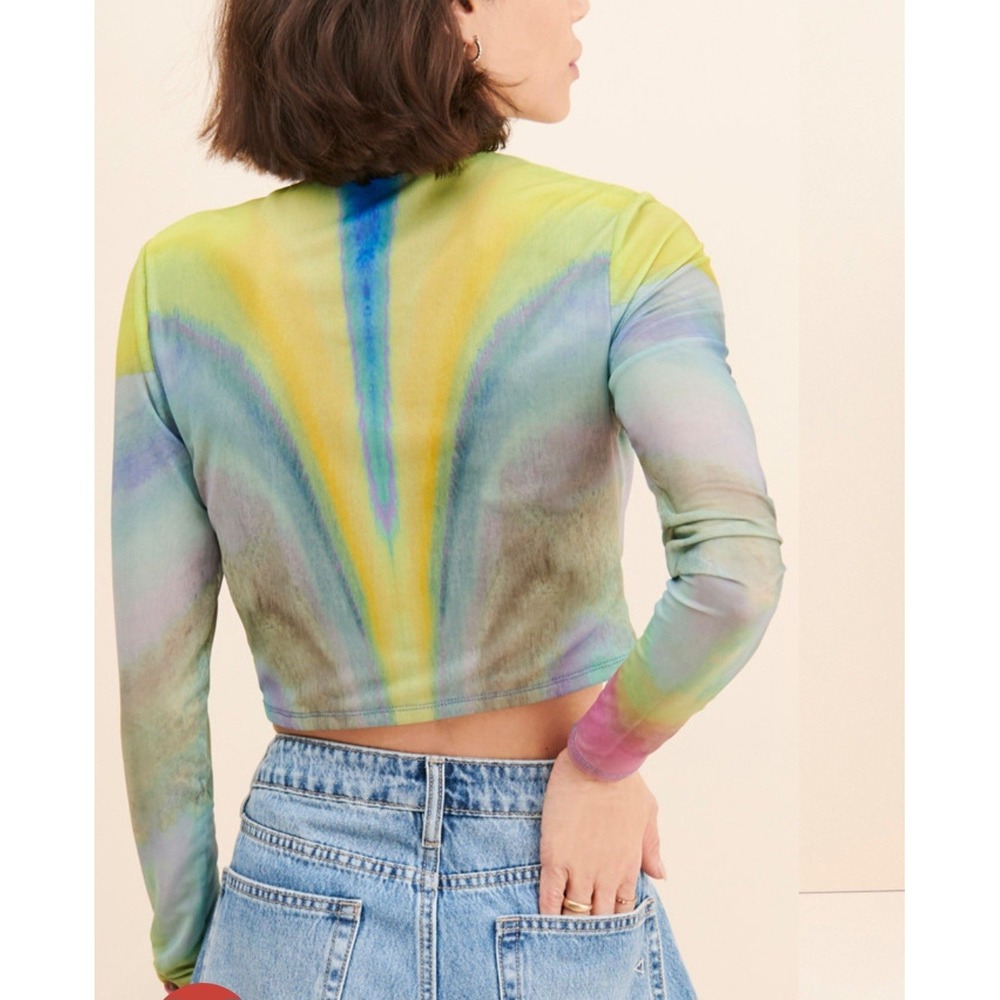 AFRM Womens Tie Dye Mesh Crop Top Long Sleeve Button Front Multi Color XS - Picture 2 of 11